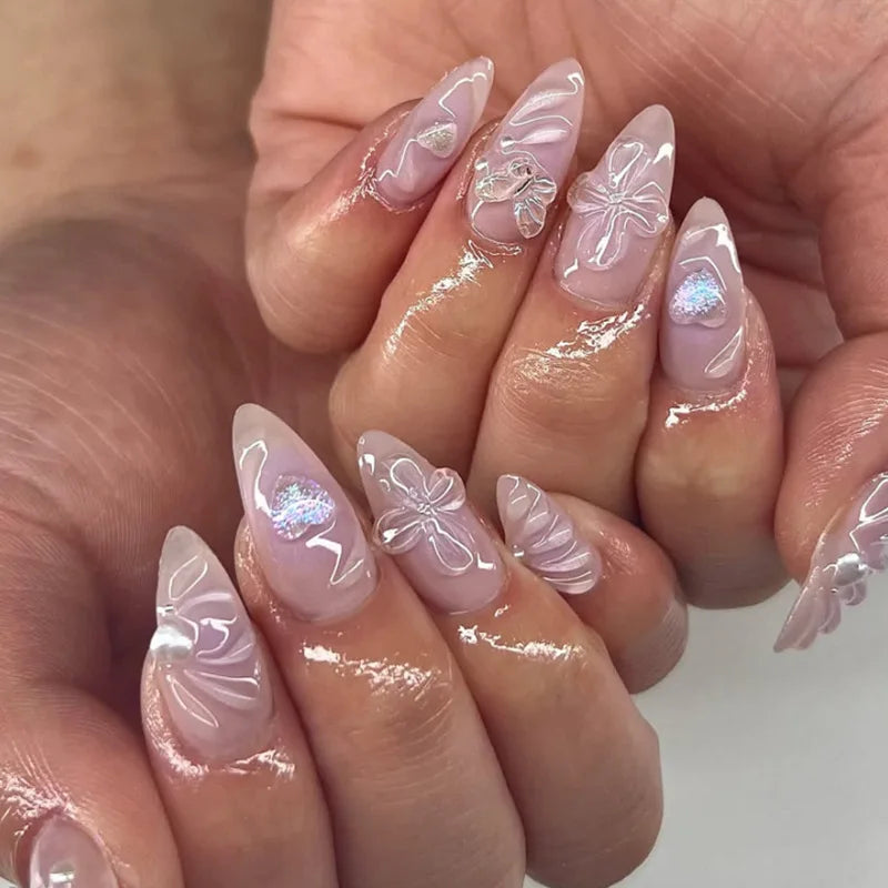 24Pcs Mid-length Gilded Almond Nails Set Press on 3D Flower Gradient Pink Full Cover False Nails Tips Pearl Reusable Fake Nails