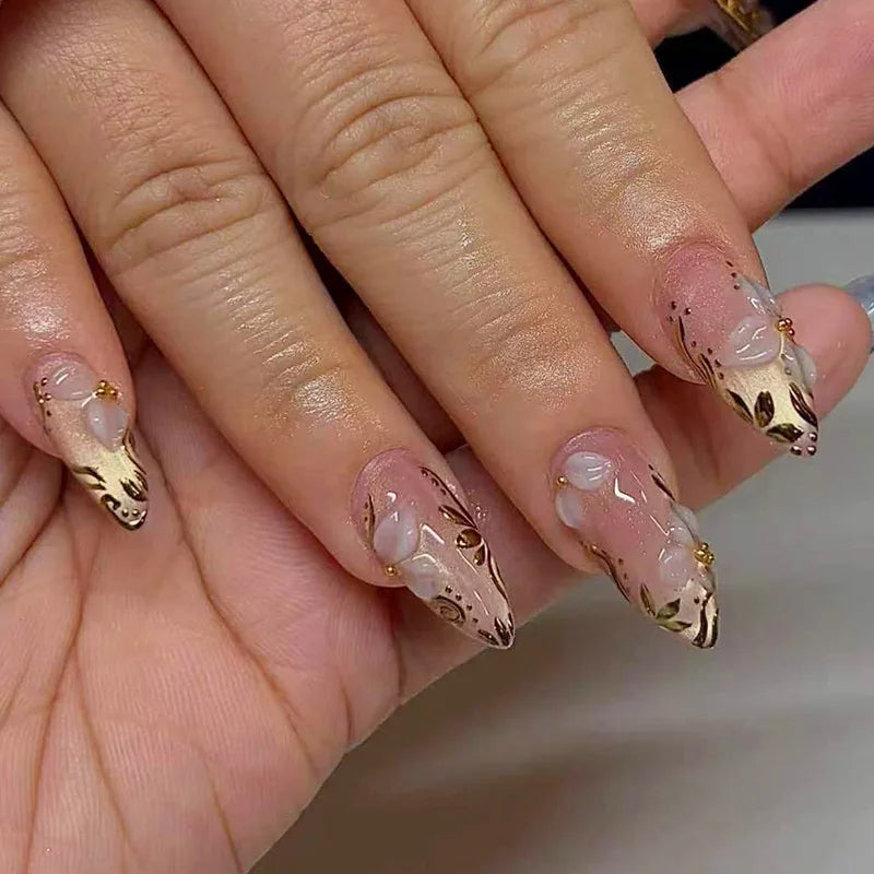 24Pcs Mid-length Gilded Almond Nails Set Press on 3D Flower Gradient Pink Full Cover False Nails Tips Pearl Reusable Fake Nails