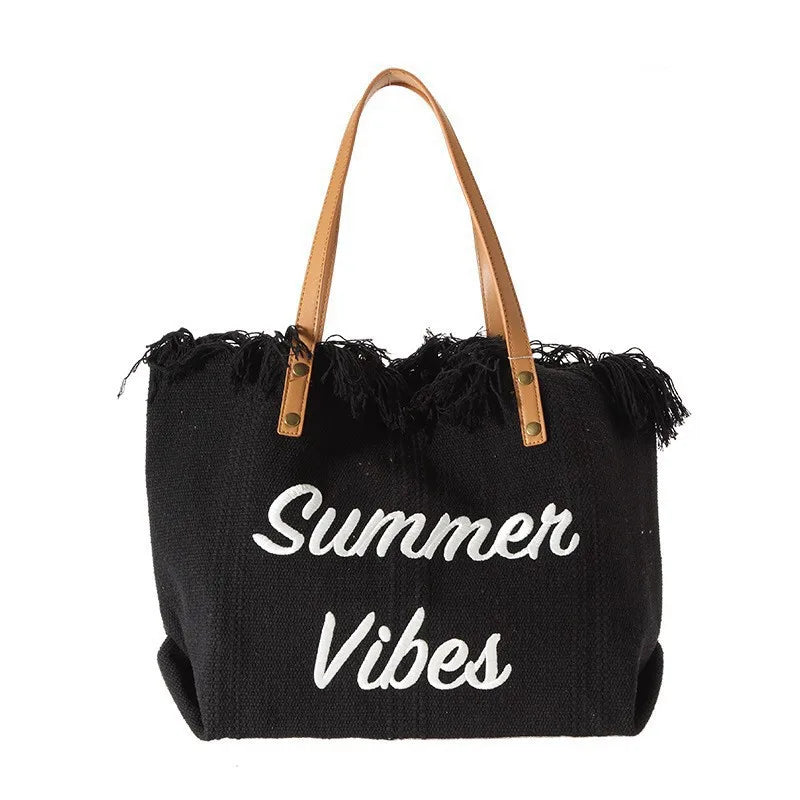 Large Capacity Canvas Beach Bag Tassel Design Summer Letter Tote Bag for Women Outdoor Travel Picnic Commuter Daily Use