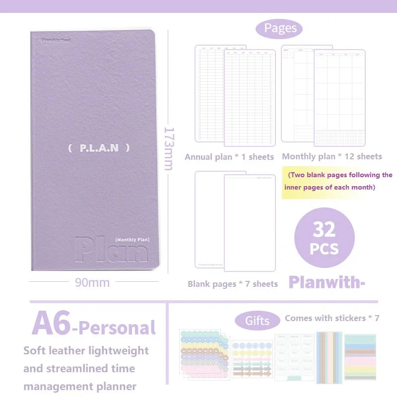 Planwith Undated Planner Notebook, Soft Leather A6/A7/Horizontal 32 Sheets Self-fill Monthly Daily Notepad, Portable To Do List