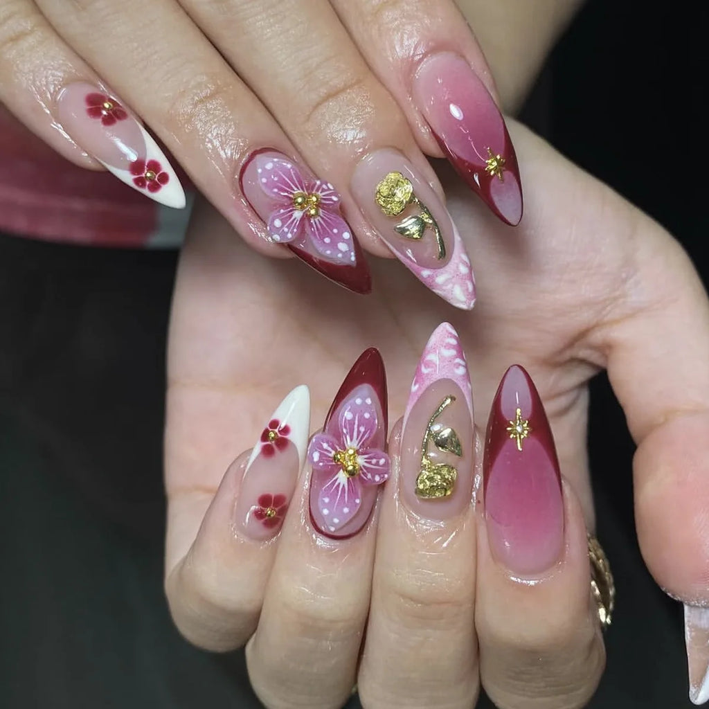 24Pcs Mid-length Gilded Almond Nails Set Press on 3D Flower Gradient Pink Full Cover False Nails Tips Pearl Reusable Fake Nails