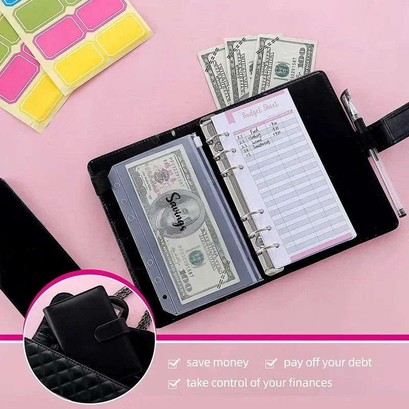 2026 A6 Binder Budget PU Leather PlannerPockets Expense Budget Sheets Notebook Cash Envelope Organizer System with Clear Zipper