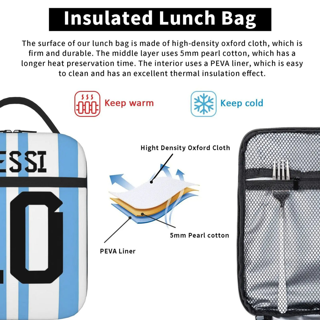 Custom Messis 10 Football Soccer Merch Insulated Lunch Bag For School Storage Food Boxes Leakproof Thermal Cooler Lunch Boxes