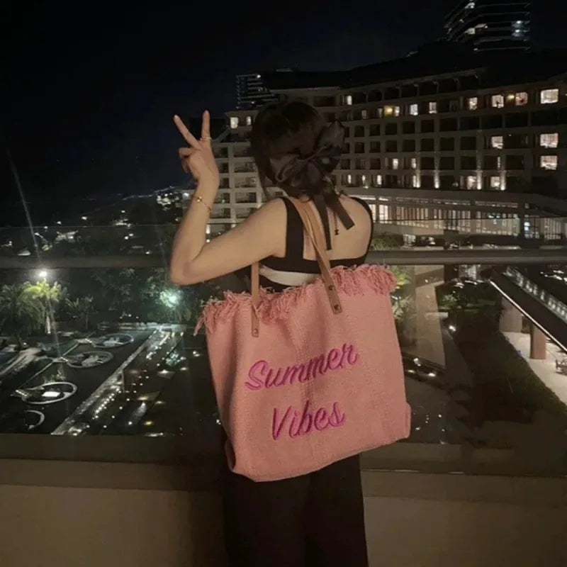 Large Capacity Canvas Beach Bag Tassel Design Summer Letter Tote Bag for Women Outdoor Travel Picnic Commuter Daily Use