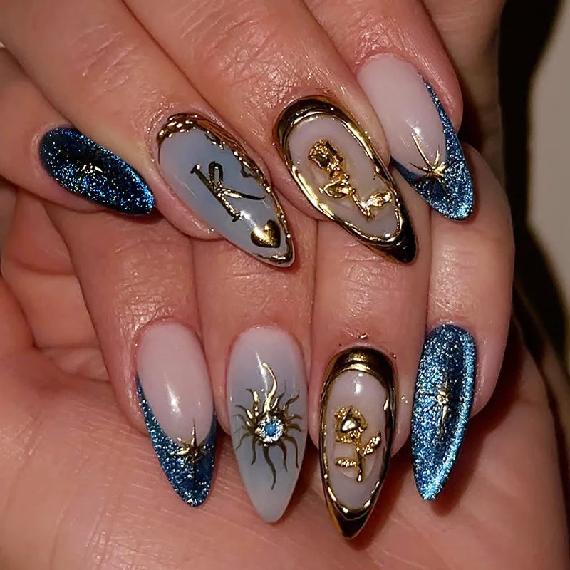 24Pcs Mid-length Gilded Almond Nails Set Press on 3D Flower Gradient Pink Full Cover False Nails Tips Pearl Reusable Fake Nails