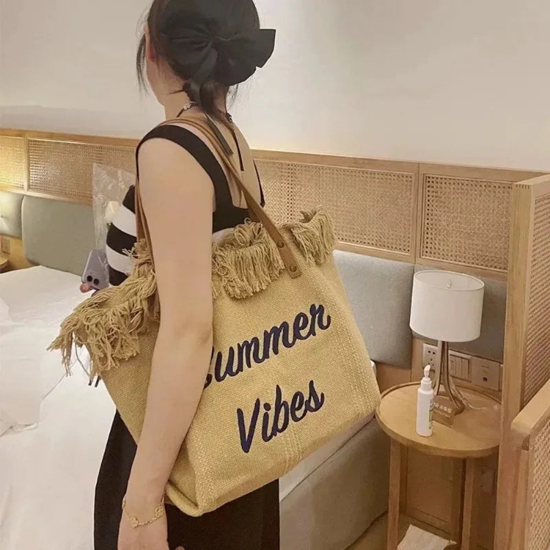 Large Capacity Canvas Beach Bag Tassel Design Summer Letter Tote Bag for Women Outdoor Travel Picnic Commuter Daily Use
