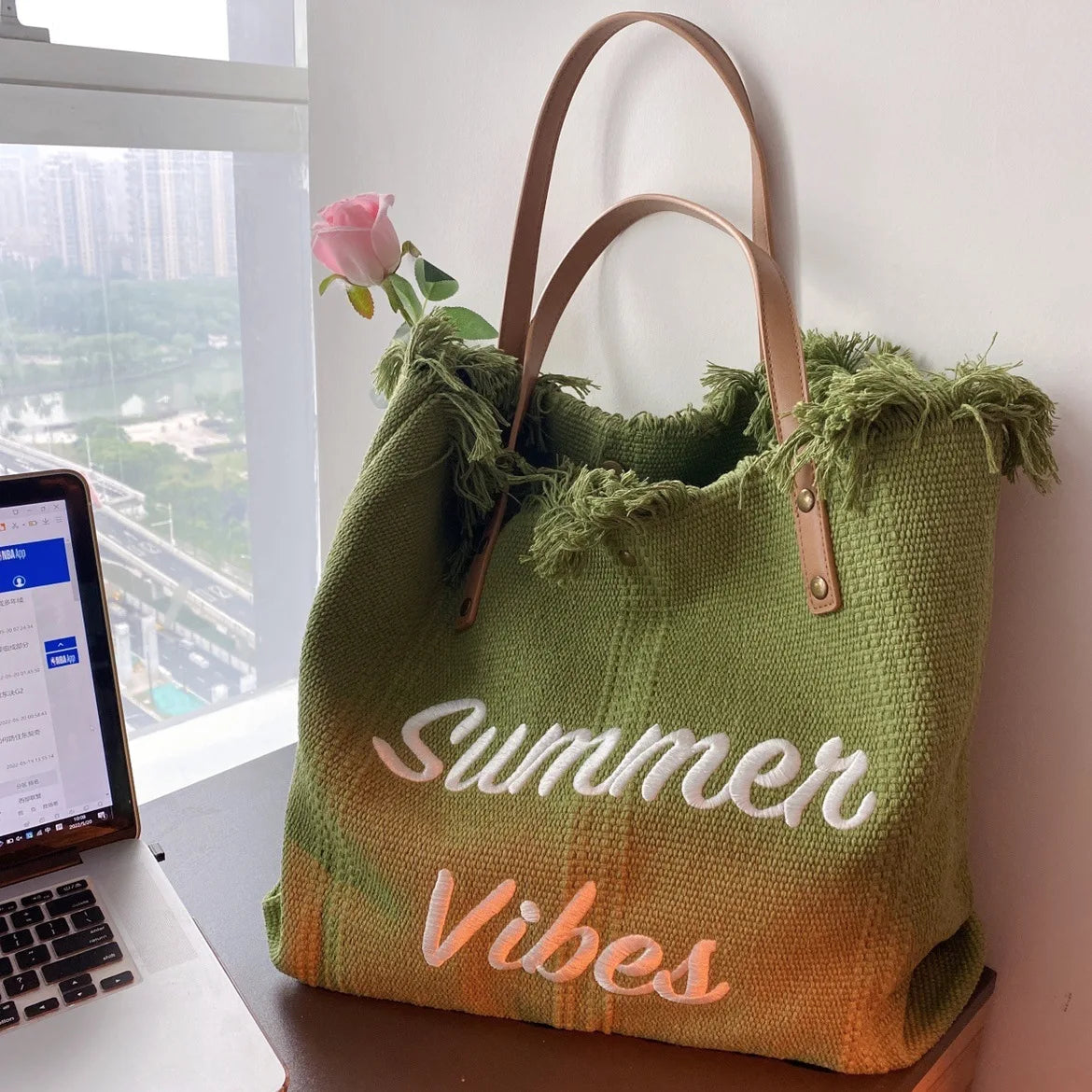 Large Capacity Canvas Beach Bag Tassel Design Summer Letter Tote Bag for Women Outdoor Travel Picnic Commuter Daily Use