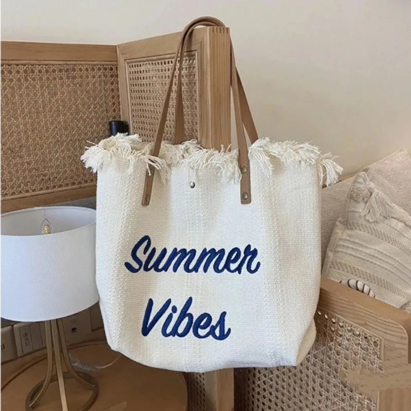 Large Capacity Canvas Beach Bag Tassel Design Summer Letter Tote Bag for Women Outdoor Travel Picnic Commuter Daily Use
