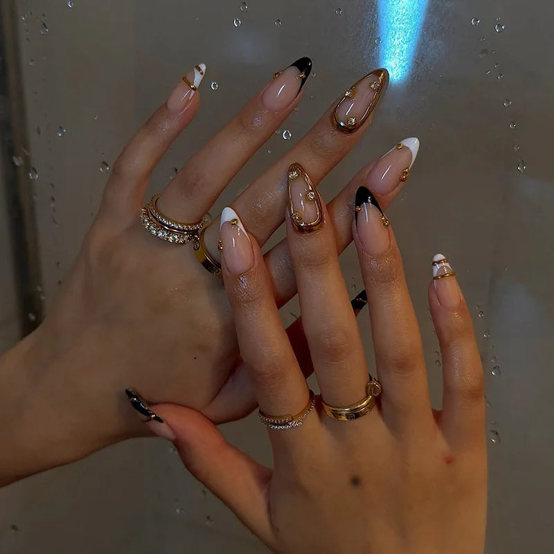 24Pcs Mid-length Gilded Almond Nails Set Press on 3D Flower Gradient Pink Full Cover False Nails Tips Pearl Reusable Fake Nails