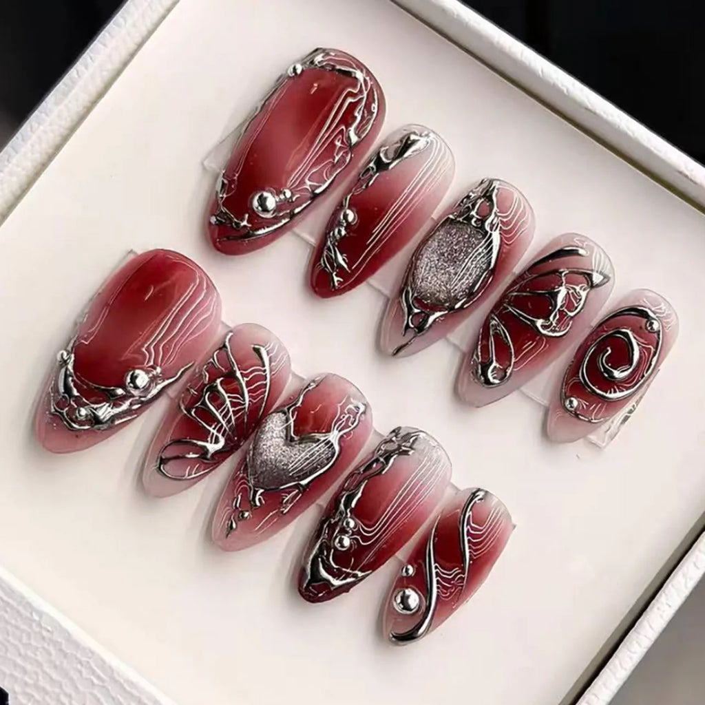 24Pcs Mid-length Gilded Almond Nails Set Press on 3D Flower Gradient Pink Full Cover False Nails Tips Pearl Reusable Fake Nails