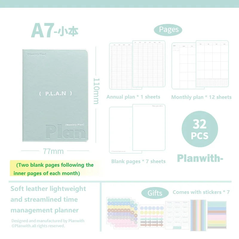 Planwith Undated Planner Notebook, Soft Leather A6/A7/Horizontal 32 Sheets Self-fill Monthly Daily Notepad, Portable To Do List