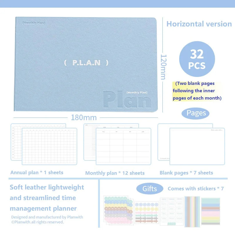Planwith Undated Planner Notebook, Soft Leather A6/A7/Horizontal 32 Sheets Self-fill Monthly Daily Notepad, Portable To Do List