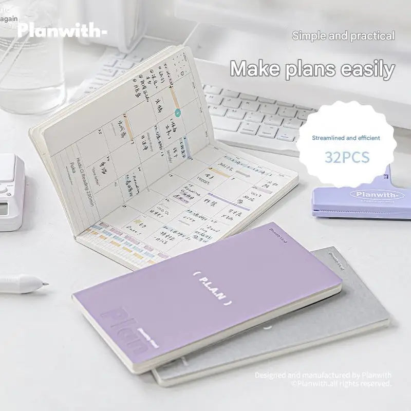 Planwith Undated Planner Notebook, Soft Leather A6/A7/Horizontal 32 Sheets Self-fill Monthly Daily Notepad, Portable To Do List