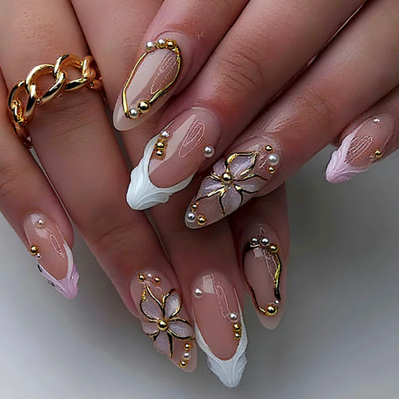 24Pcs Mid-length Gilded Almond Nails Set Press on 3D Flower Gradient Pink Full Cover False Nails Tips Pearl Reusable Fake Nails