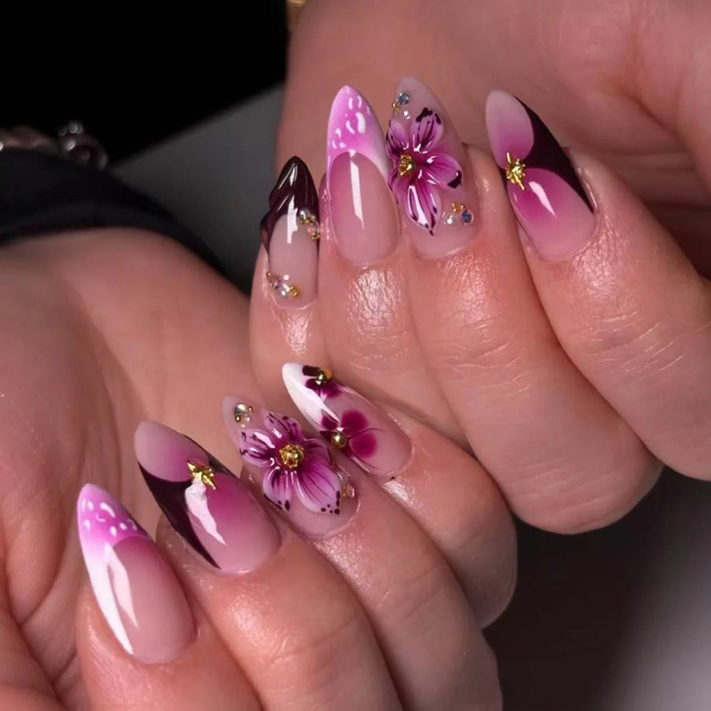 24Pcs Mid-length Gilded Almond Nails Set Press on 3D Flower Gradient Pink Full Cover False Nails Tips Pearl Reusable Fake Nails