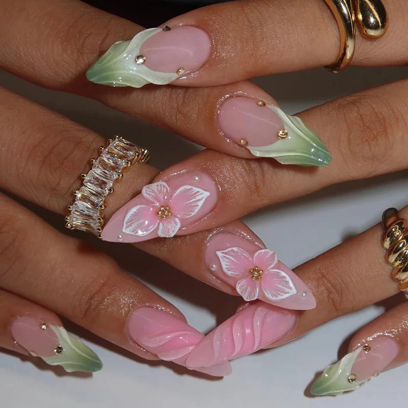 24Pcs Mid-length Gilded Almond Nails Set Press on 3D Flower Gradient Pink Full Cover False Nails Tips Pearl Reusable Fake Nails