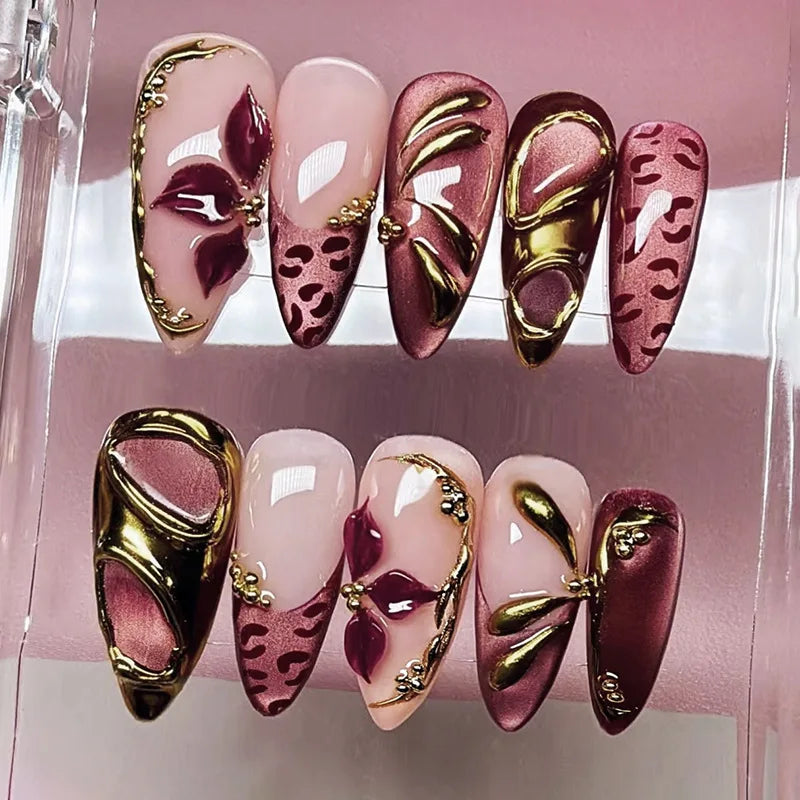 24Pcs Mid-length Gilded Almond Nails Set Press on 3D Flower Gradient Pink Full Cover False Nails Tips Pearl Reusable Fake Nails