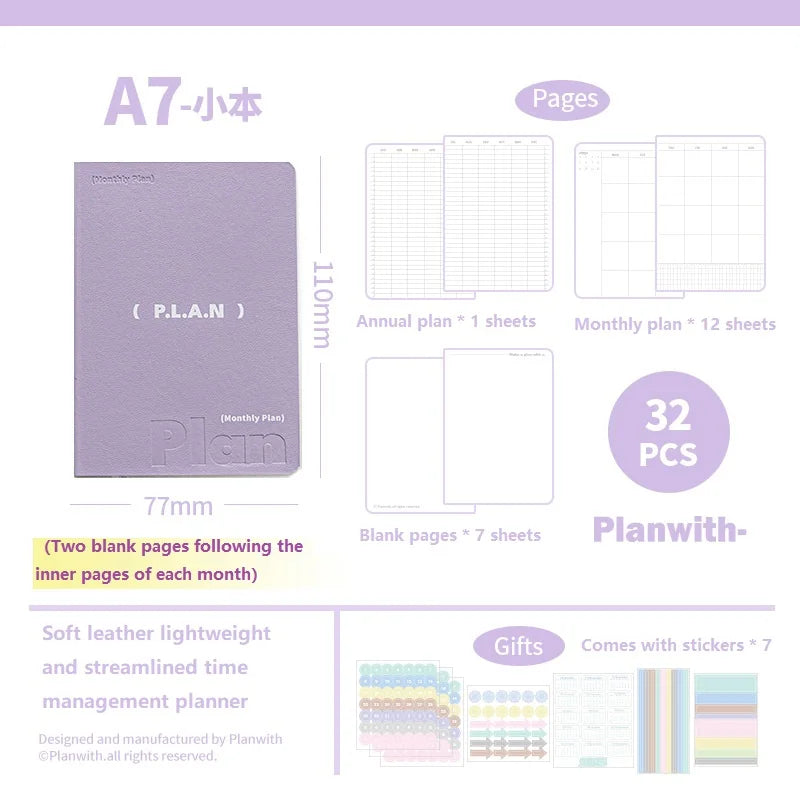 Planwith Undated Planner Notebook, Soft Leather A6/A7/Horizontal 32 Sheets Self-fill Monthly Daily Notepad, Portable To Do List