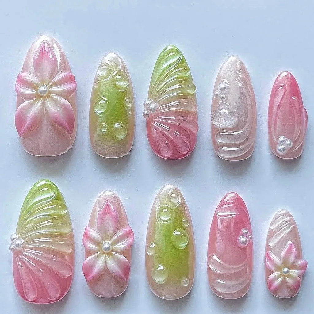 24Pcs Mid-length Gilded Almond Nails Set Press on 3D Flower Gradient Pink Full Cover False Nails Tips Pearl Reusable Fake Nails