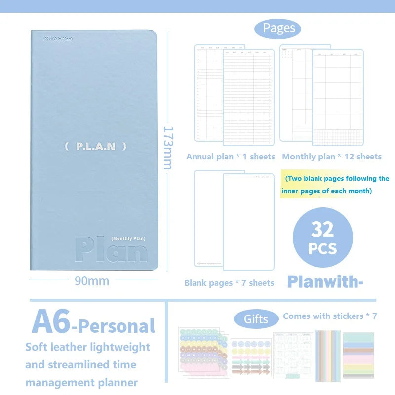 Planwith Undated Planner Notebook, Soft Leather A6/A7/Horizontal 32 Sheets Self-fill Monthly Daily Notepad, Portable To Do List