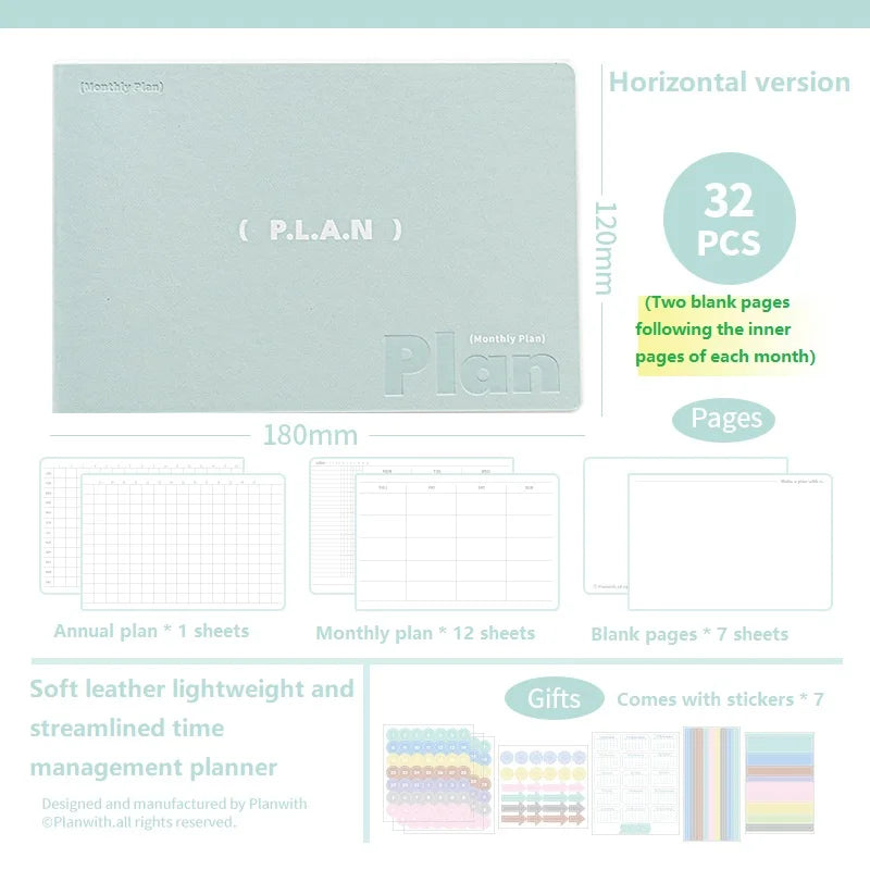 Planwith Undated Planner Notebook, Soft Leather A6/A7/Horizontal 32 Sheets Self-fill Monthly Daily Notepad, Portable To Do List