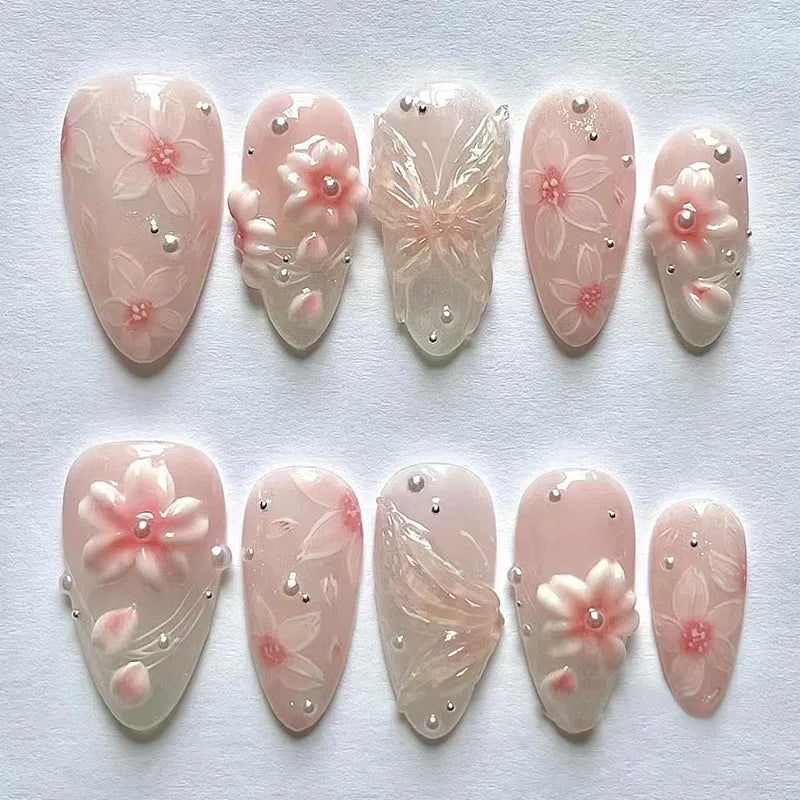 24Pcs Mid-length Gilded Almond Nails Set Press on 3D Flower Gradient Pink Full Cover False Nails Tips Pearl Reusable Fake Nails