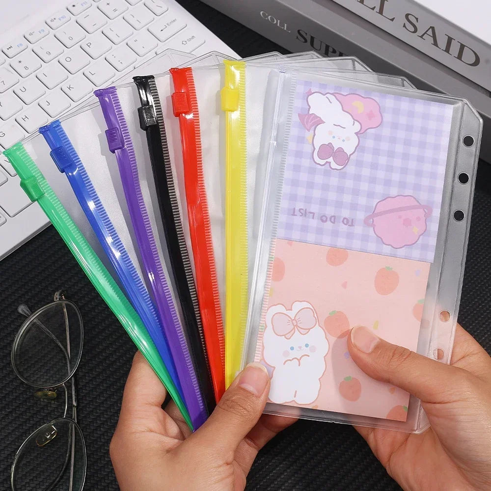 2/6/12Pcs Waterproof A6 6-Hole Binder Pockets Waterproof PVC Cash Budget Envelopes Zipper Binder Pouches for Notebook Planner