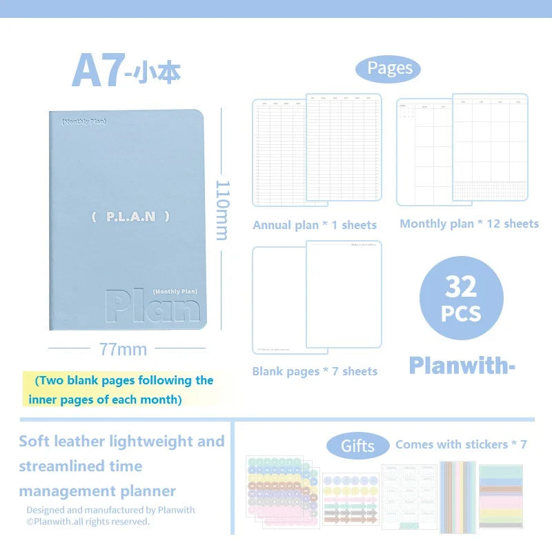 Planwith Undated Planner Notebook, Soft Leather A6/A7/Horizontal 32 Sheets Self-fill Monthly Daily Notepad, Portable To Do List