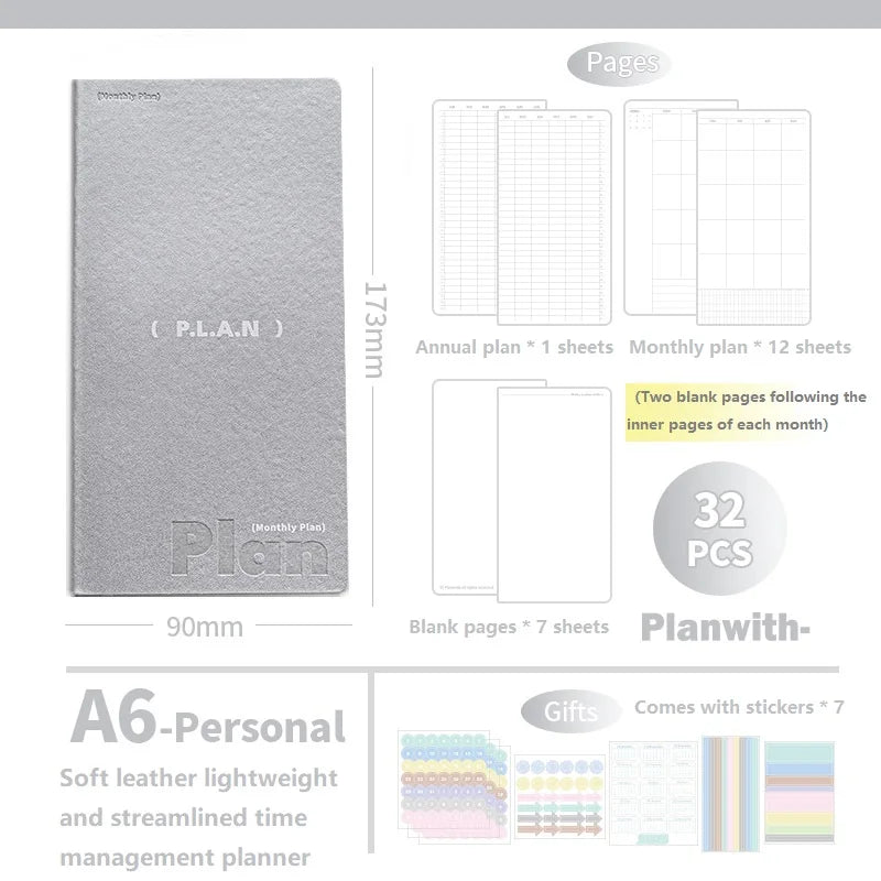 Planwith Undated Planner Notebook, Soft Leather A6/A7/Horizontal 32 Sheets Self-fill Monthly Daily Notepad, Portable To Do List