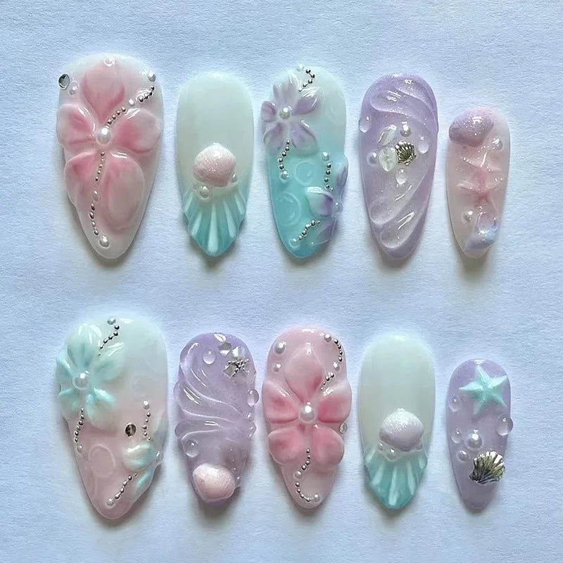 24Pcs Mid-length Gilded Almond Nails Set Press on 3D Flower Gradient Pink Full Cover False Nails Tips Pearl Reusable Fake Nails