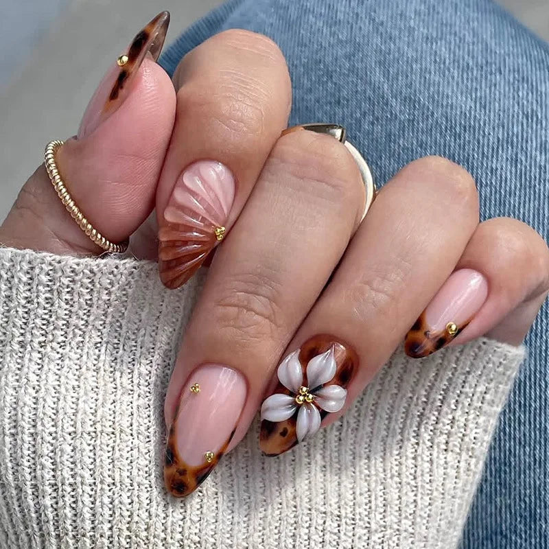 24Pcs Mid-length Gilded Almond Nails Set Press on 3D Flower Gradient Pink Full Cover False Nails Tips Pearl Reusable Fake Nails