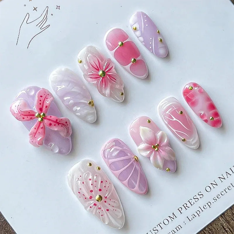 24Pcs Mid-length Gilded Almond Nails Set Press on 3D Flower Gradient Pink Full Cover False Nails Tips Pearl Reusable Fake Nails