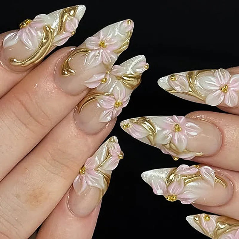 24Pcs Mid-length Gilded Almond Nails Set Press on 3D Flower Gradient Pink Full Cover False Nails Tips Pearl Reusable Fake Nails