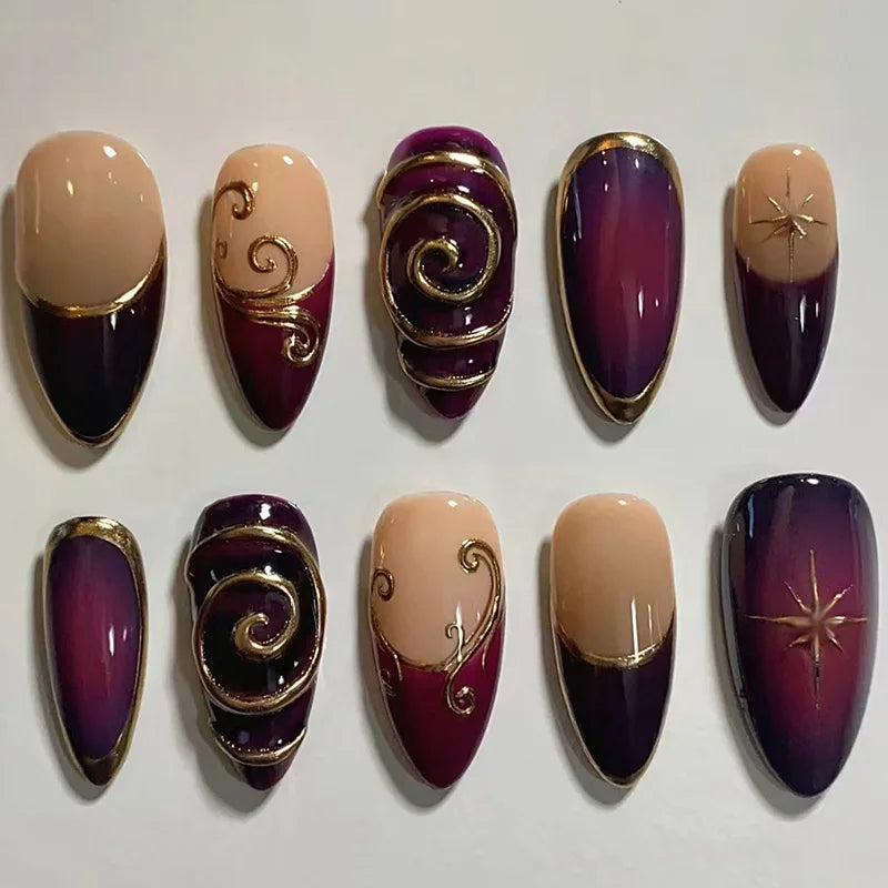 24Pcs Mid-length Gilded Almond Nails Set Press on 3D Flower Gradient Pink Full Cover False Nails Tips Pearl Reusable Fake Nails