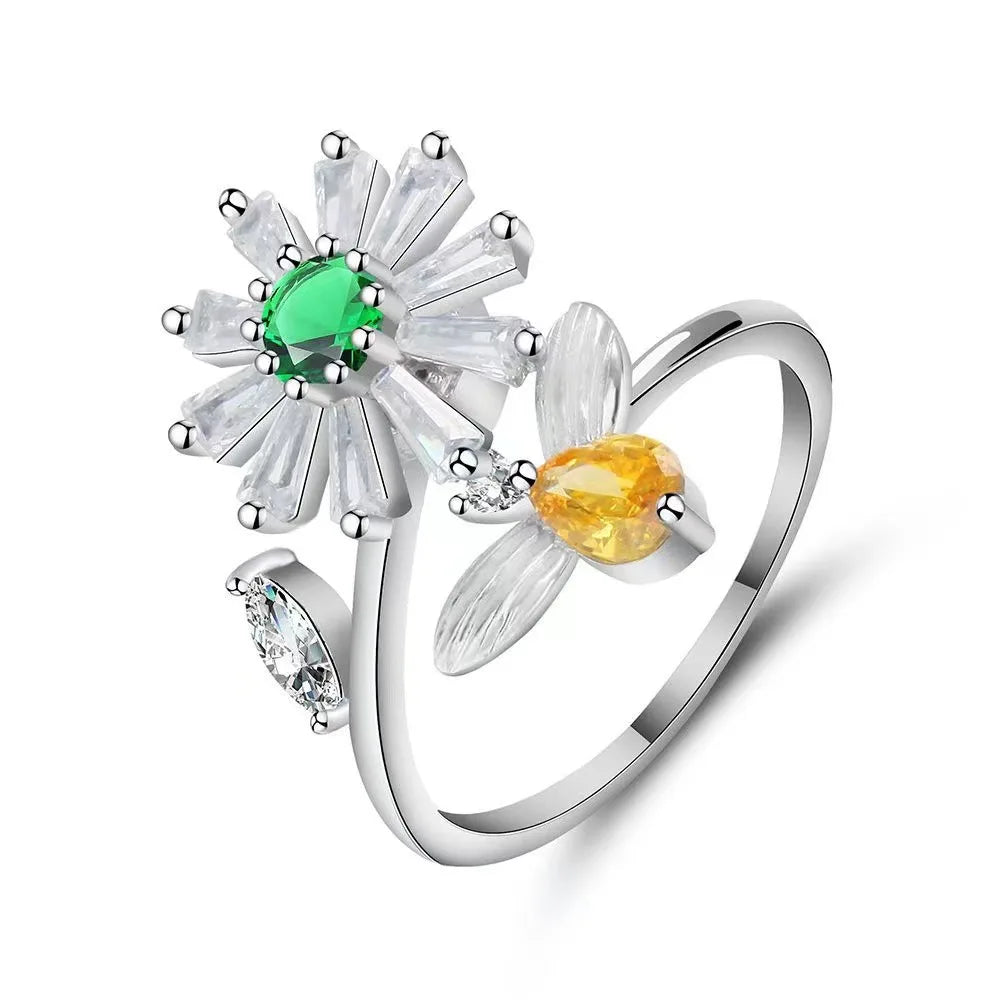 SMJEL Fidget Spinner Ring Anxiety for Women Multiple Crystal Flower Eye Butterfly Animal Ring Rotate Anti Stress Wedding Jewerly
