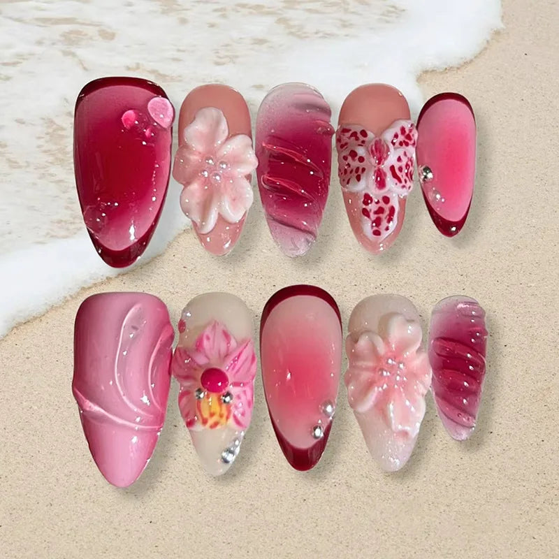 24Pcs Mid-length Gilded Almond Nails Set Press on 3D Flower Gradient Pink Full Cover False Nails Tips Pearl Reusable Fake Nails