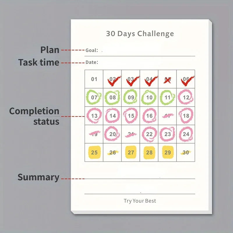 30 Day Self-Discipline Checklist Planner Daily Challenge Notepad Self-adhesive Memo Pads Mini Pocket Checklist Writing Pads