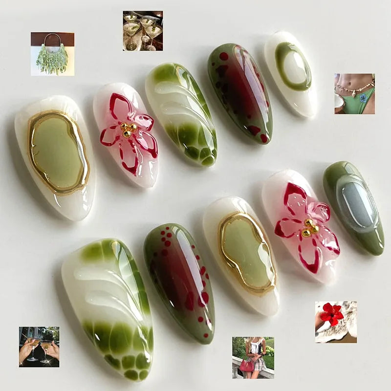 24Pcs Mid-length Gilded Almond Nails Set Press on 3D Flower Gradient Pink Full Cover False Nails Tips Pearl Reusable Fake Nails